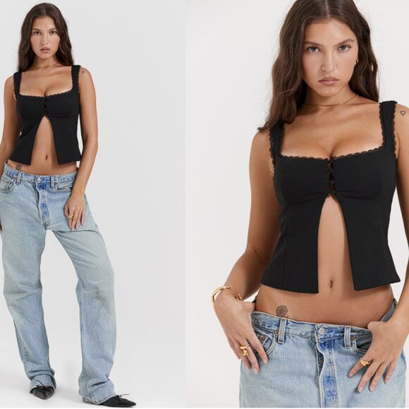 House of CB 'Noura' Black Lace Trim Top NWOT - Picture 7 of 9